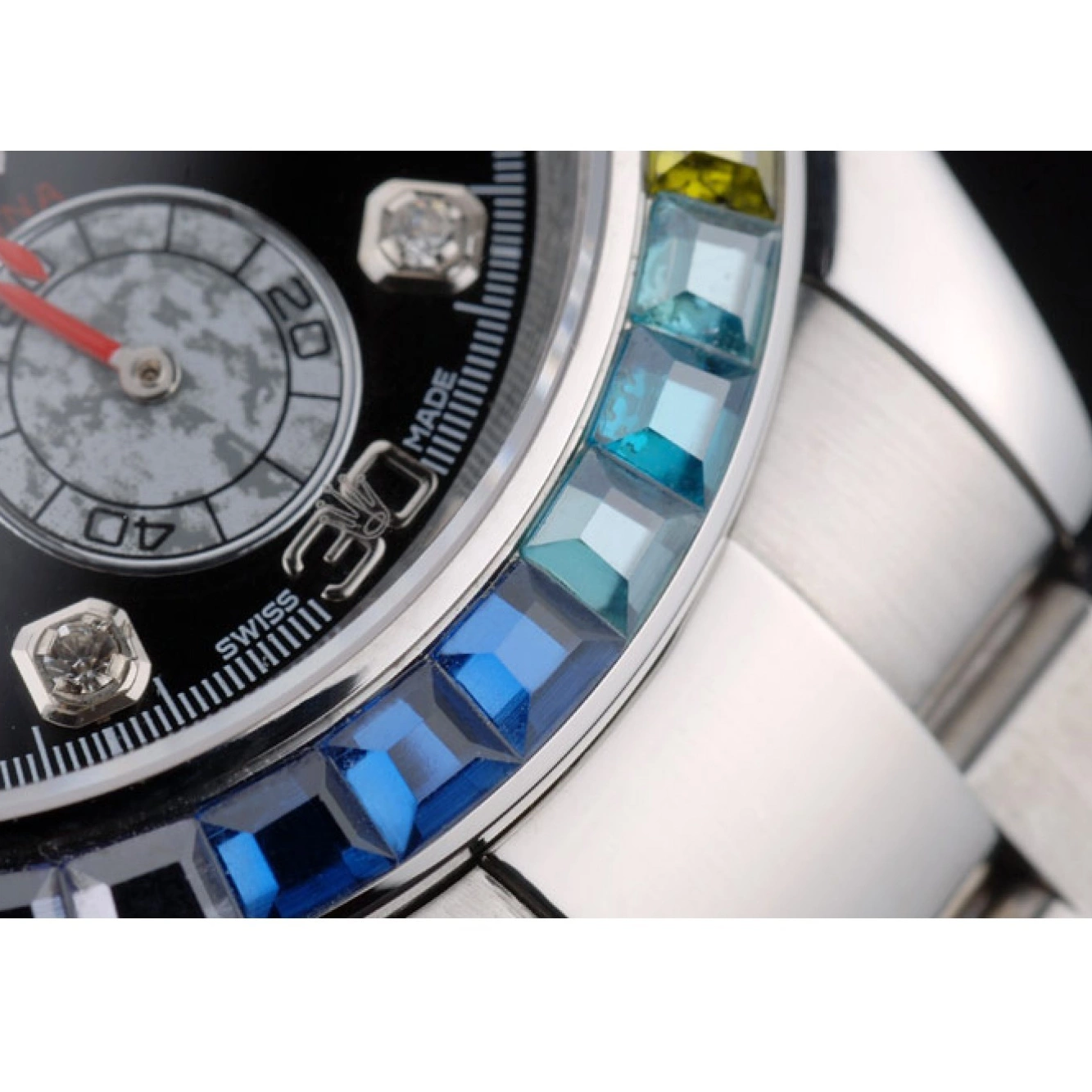 Aaa replica Rainbow 80250 Black Rolex Steep Stainless Cosmograph Dial Strap Bezel Daytona Crystals 0628
